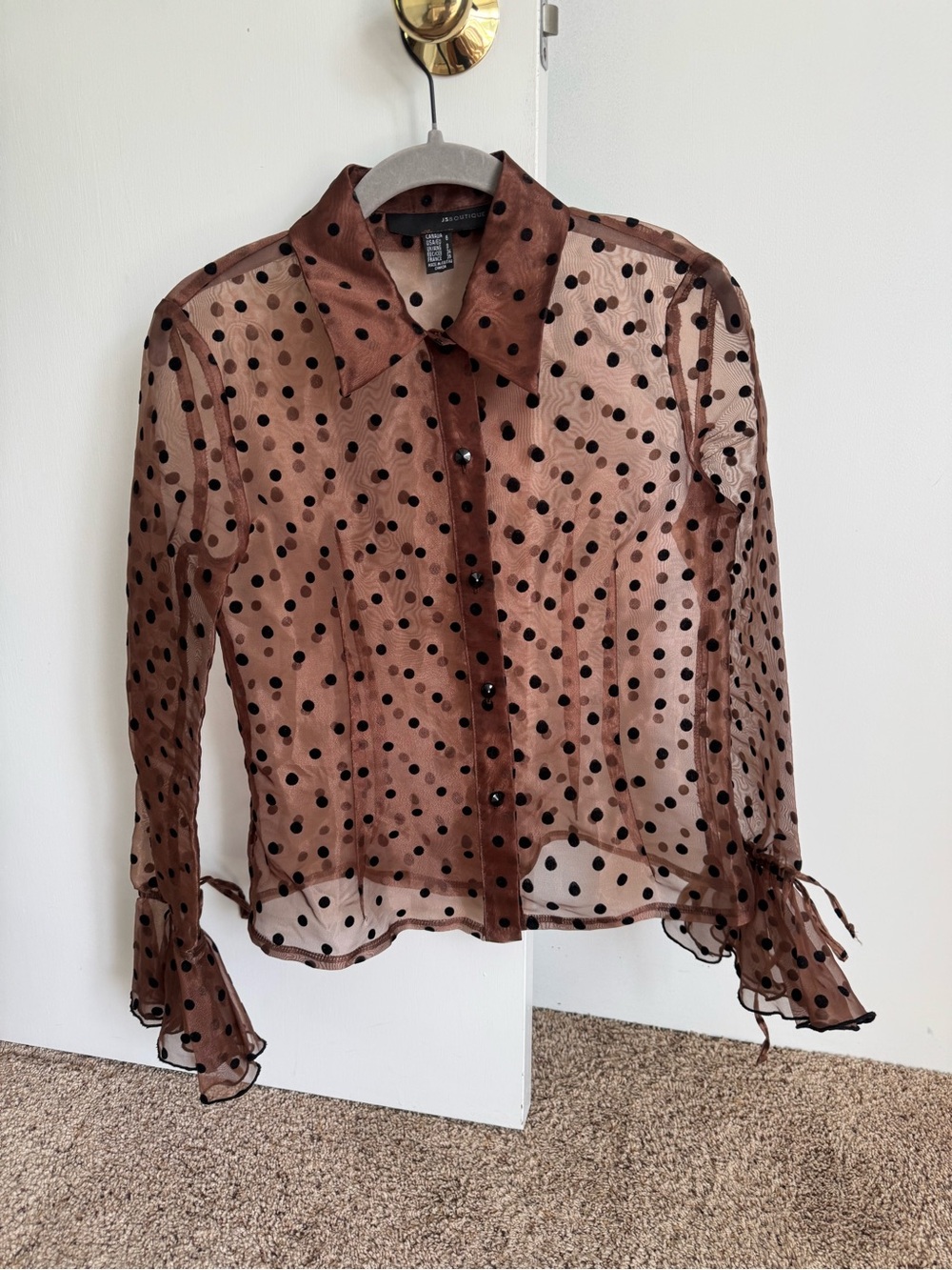 JS Boutique Brown Sheer Polka Dot Button-Front Blouse